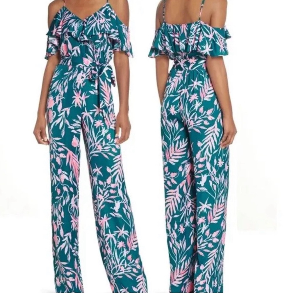 Lily Pulitzer tropical off shoulder belted jumpsuit!